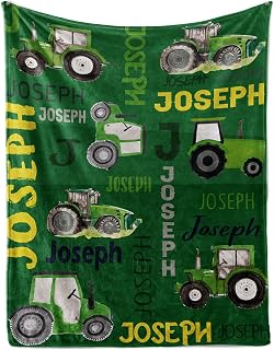 Personalized Tractors Blanket - Custom Name with Farm Tractor Trucks Design - Soft Plush Minky Flannel Bed Blanket for Baby Kid Teen Boys Girls Customized Gifts Green