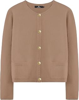 LILLUSORY Women's Crew Neck Gold Buttons Cardigan Sweaters Lady Jacket with Patch Pockets