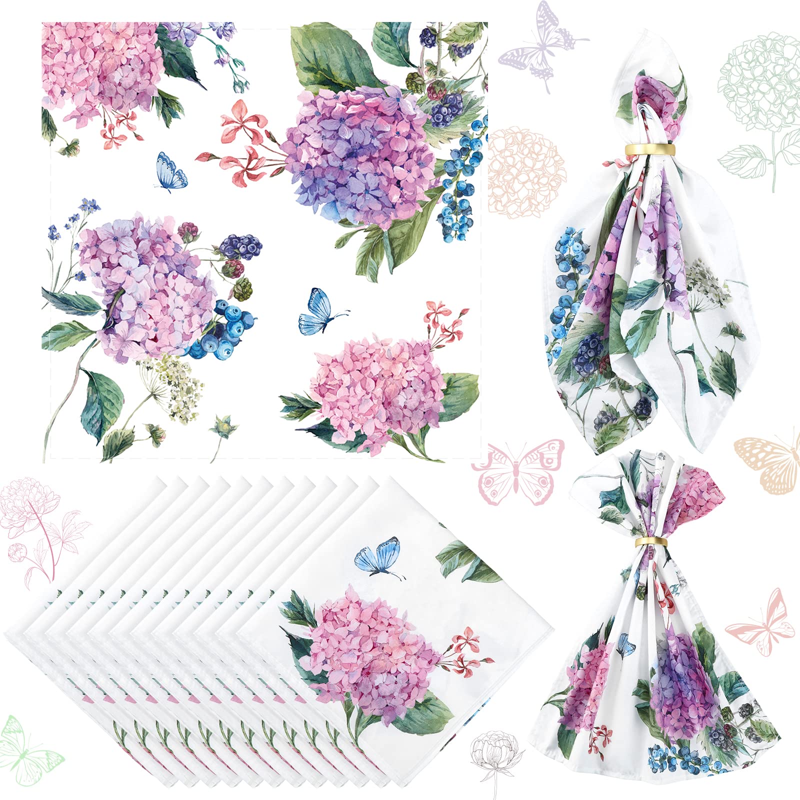 Qeeenar 12 Pcs Hydrangea Spring Floral Cloth Napkins, 20x20 Washable