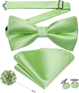 Hi-Tie Bow Ties for Men Baby Green Striped Handkerchief Lapel Pin Cufflinks Mens Bowtie Sets for Wedding Formal Party