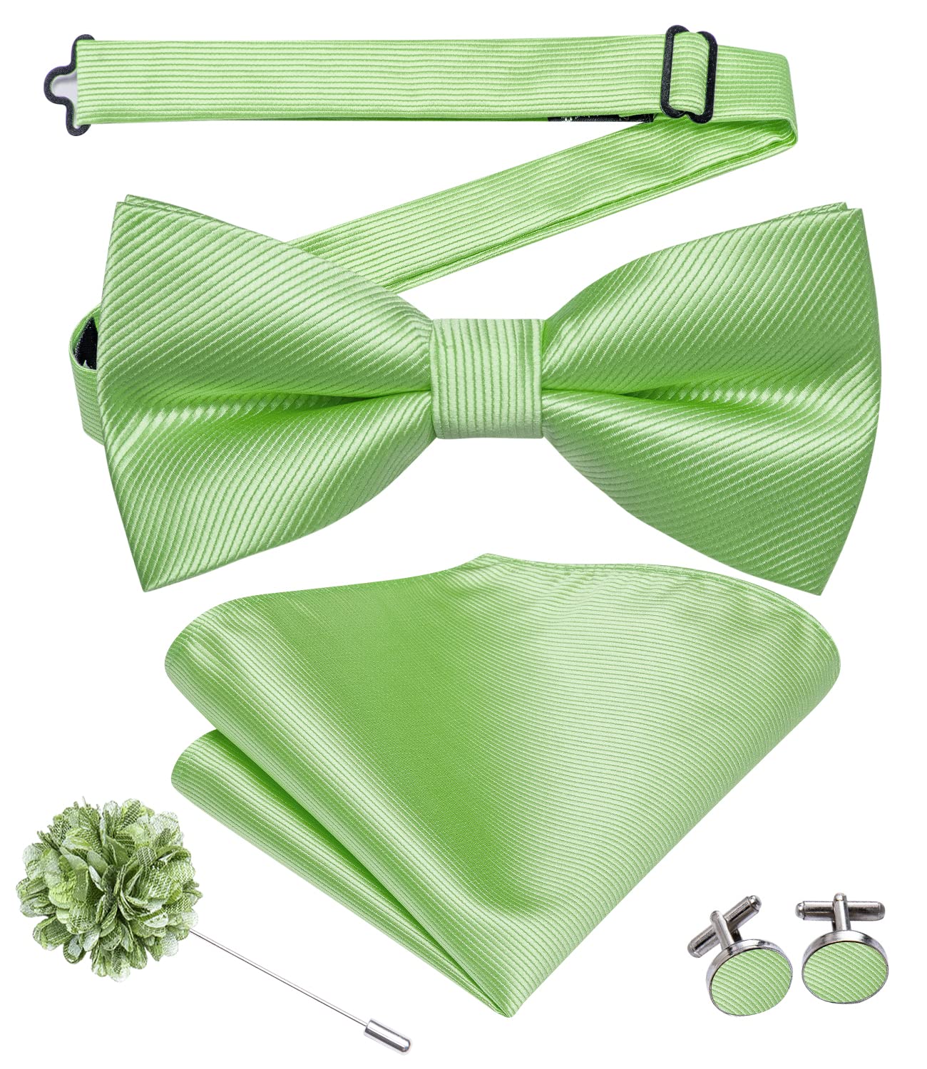 Hi-Tie Bow Ties for Men Baby Green Striped Handkerchief Lapel Pin Cufflinks Mens