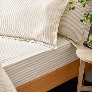 Yard Hebden Midi Stripe Fitted Sheet - Ultra Soft 100% Cotton Striped Bed Sheet (Natural - Super King - 180x200x32cm)