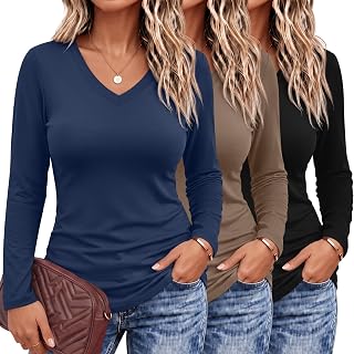 Evervibe 3 Pack Women's Plus Size Shirts Long Sleeve V Neck Tops