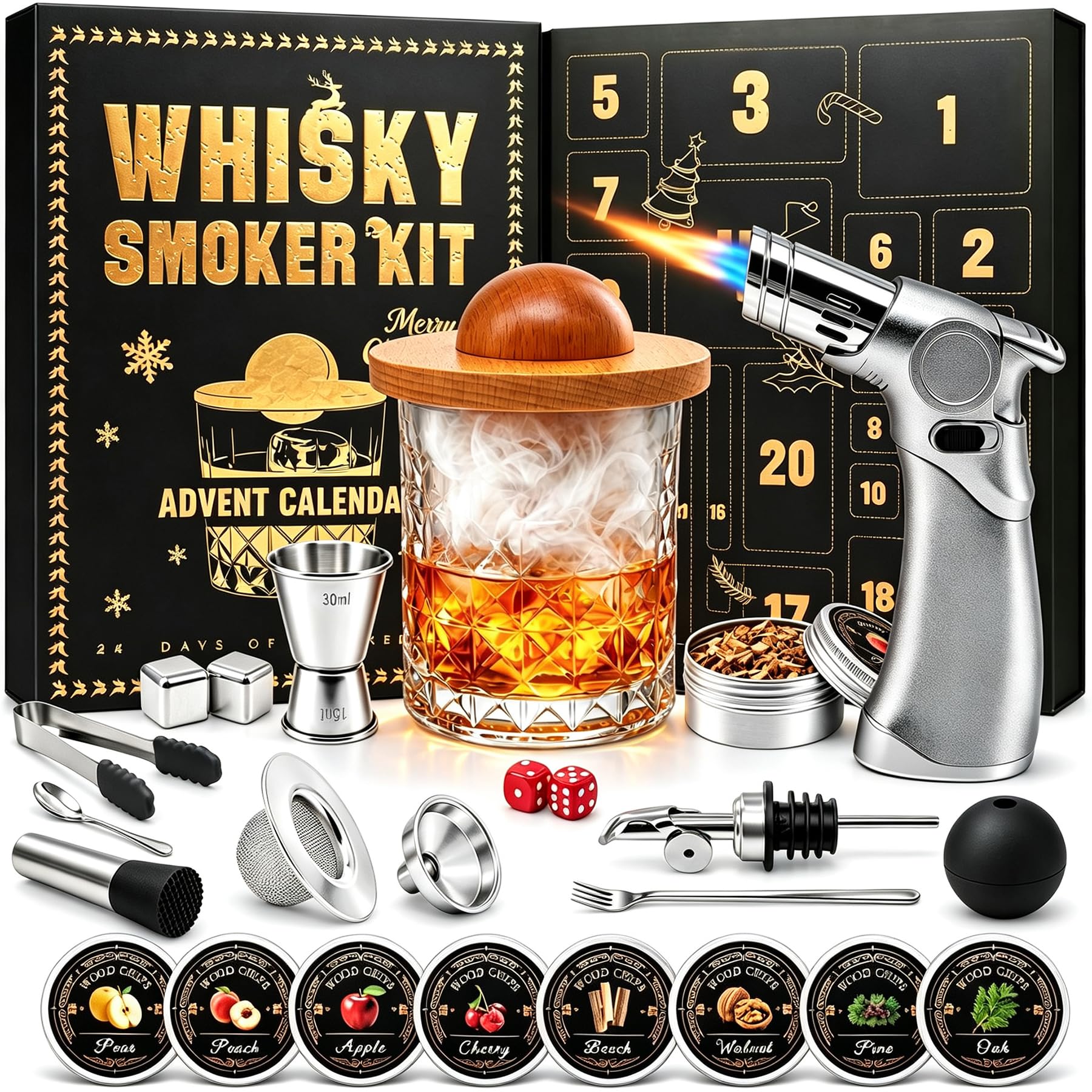 Whiskey Advent Calendar 2026 for Adults Men, 24 Day Bourbon Smoker Infuser Kit f