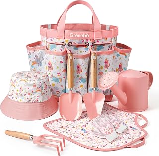 Grenebo 8-Piece Kids Gardening Set with Garden Tools for Kids, Pink | Fun outdoor toy gift for toddler boys girls with shovel, rake, gloves, apron, hat and watering can for young gardeners