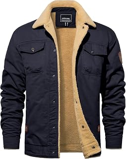 TACVASEN Men's Cotton Jackets Winter Fleece Lined Casual Warm Cargo Coat Snaps Working Sherpa Jacket with Multi Pockets