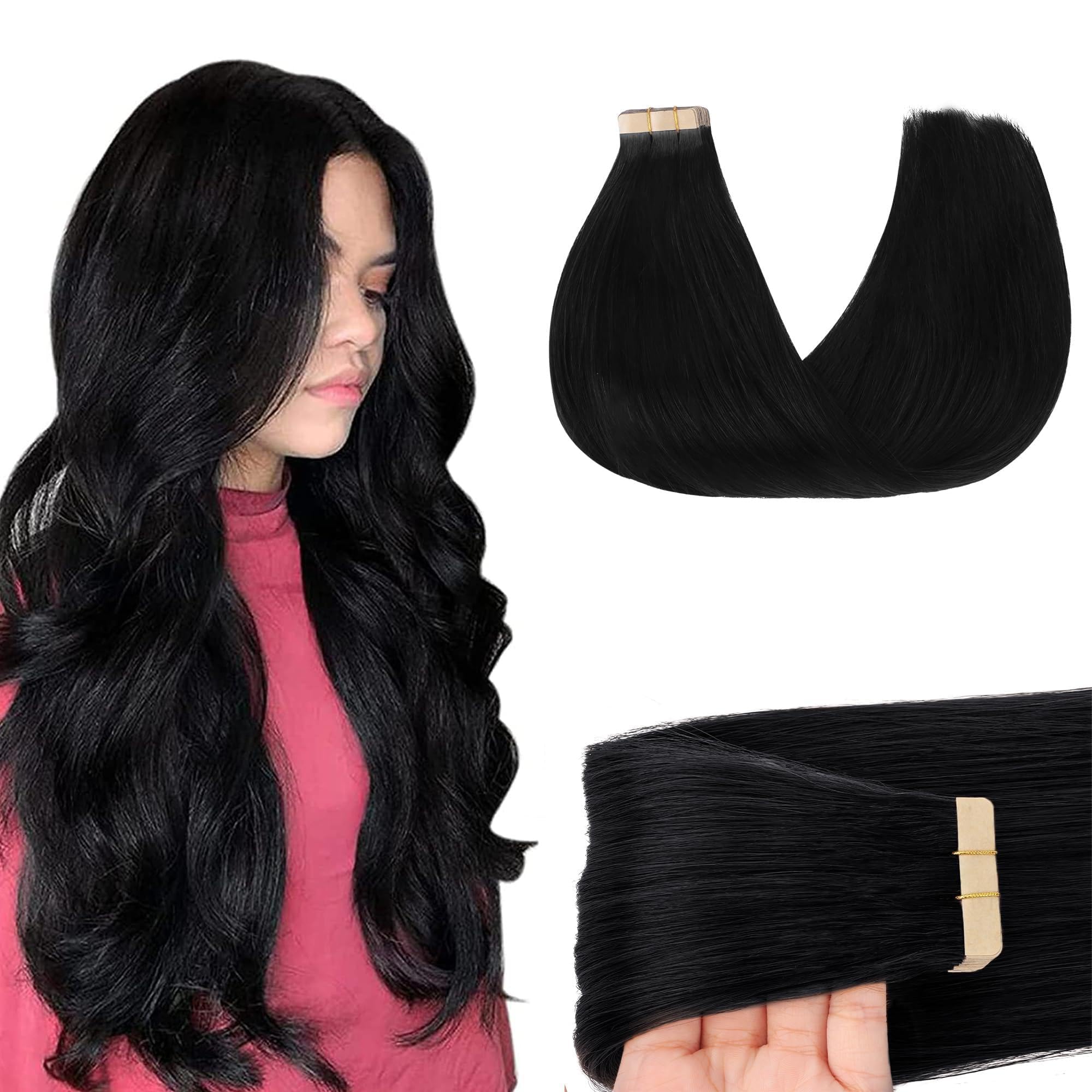 GOO GOO Tape in Hair Extensions Human Hair 20" 20pcs #1 Jet black | 50g, Re