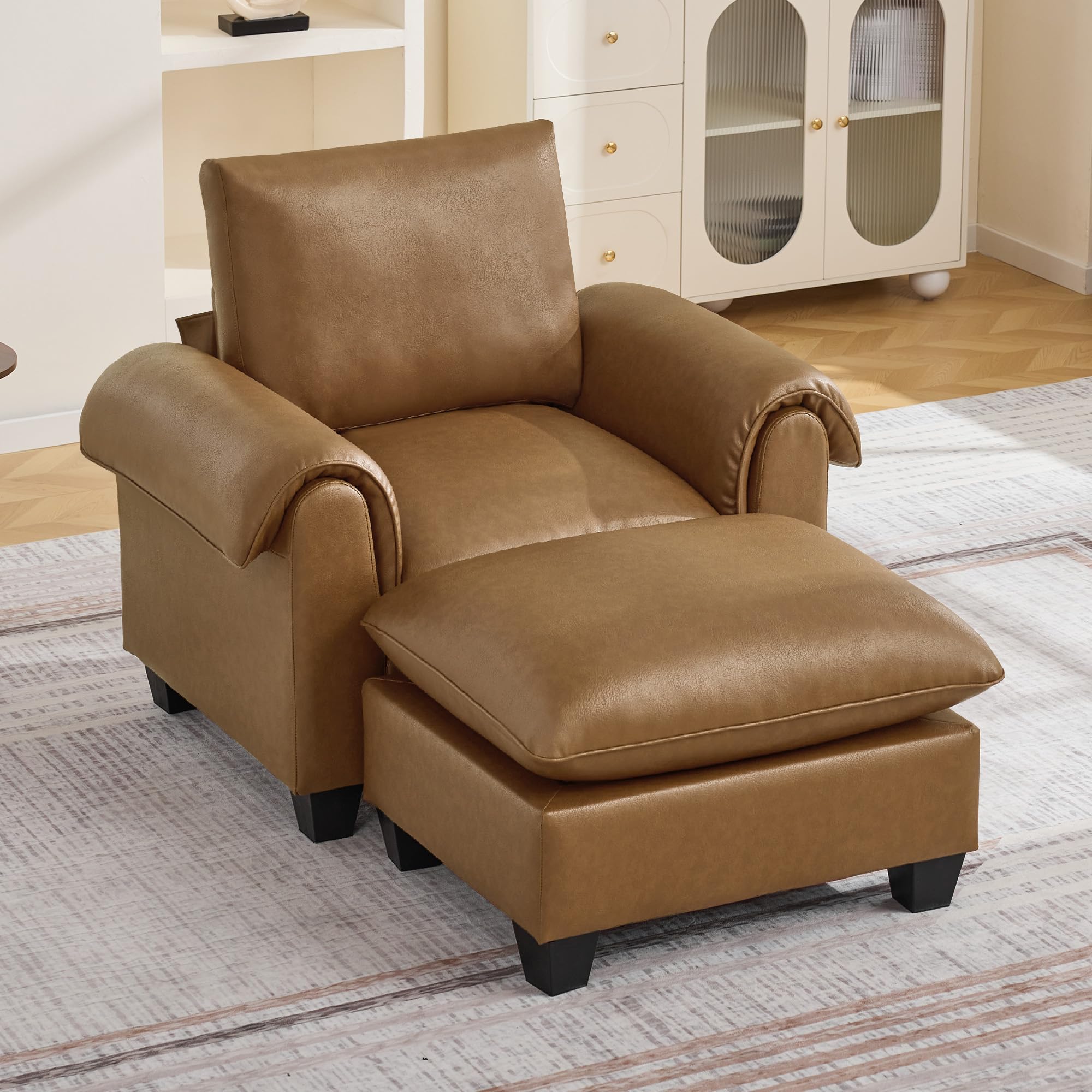 44.5" Faux Leather Single Sofa with Movable Ottoman, Oversized Accent Chair with