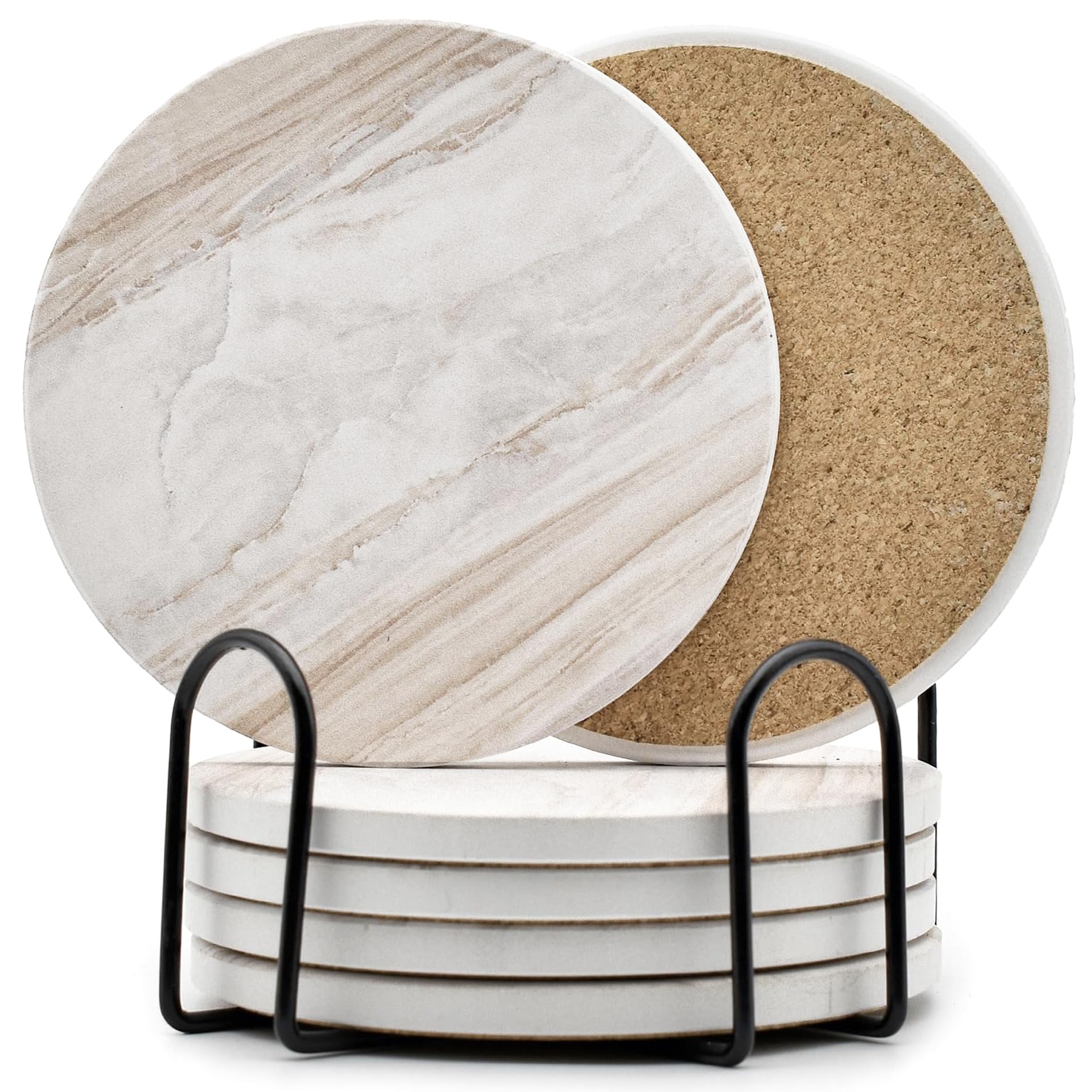 6Pcs Absorbent Coasters Set with Holder,Ceramic Drink Coaster,4 in（A1） | Marble 