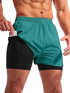 Pudolla Men's Running Shorts 2 in 1 with Phone Pockets Quick Dry 5" Inseam Workout Gym Shorts