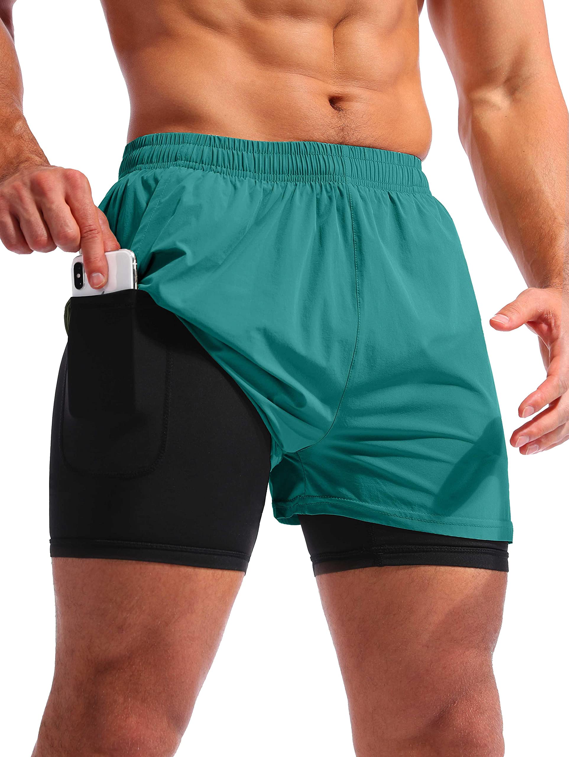 Pudolla Men's Running Shorts 2 in 1 with Phone Pockets Quick Dry 5" Inseam Worko