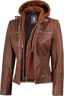 Blingsoul Womens Leather Jacket with Hood - Real Lambskin Hooded Leather Jacket Women with Detachable Hood