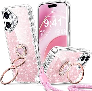 XYZ for iPhone 16 Pro Case Glitter, Cute Bling Sparkly Cover with 2-Ring Heart Stand & Wrist Strap, Women Girls Slim Shockproof Protective Phone Cases for 16 Pro 6.3'',Glitter Pink