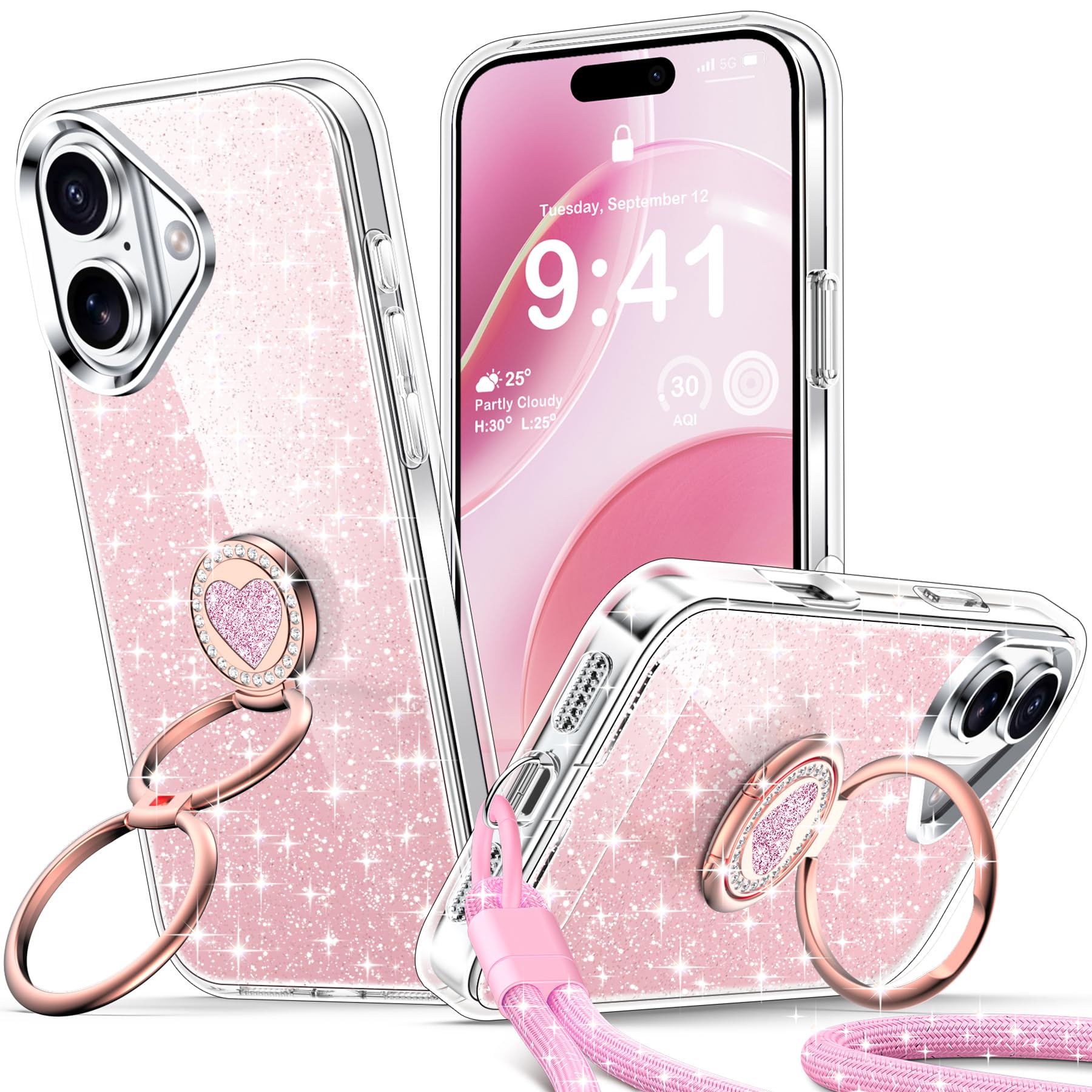 XYZ for iPhone 16 Pro Case Glitter, Cute Bling Sparkly Cover with 2-Ring Heart S