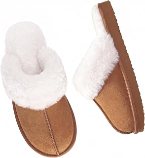 OOW Fuzzy Slippers for Women Cozy Faux Fur House Shoes Winter Warm Memory Foam Slippers for Indoor and Outdoor