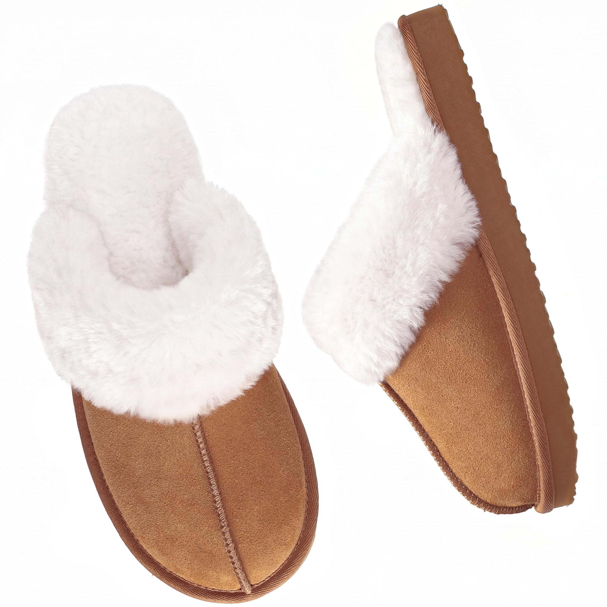 OOW Fuzzy Slippers for Women Cozy Faux Fur House Shoes Winter Warm Memory Foam S