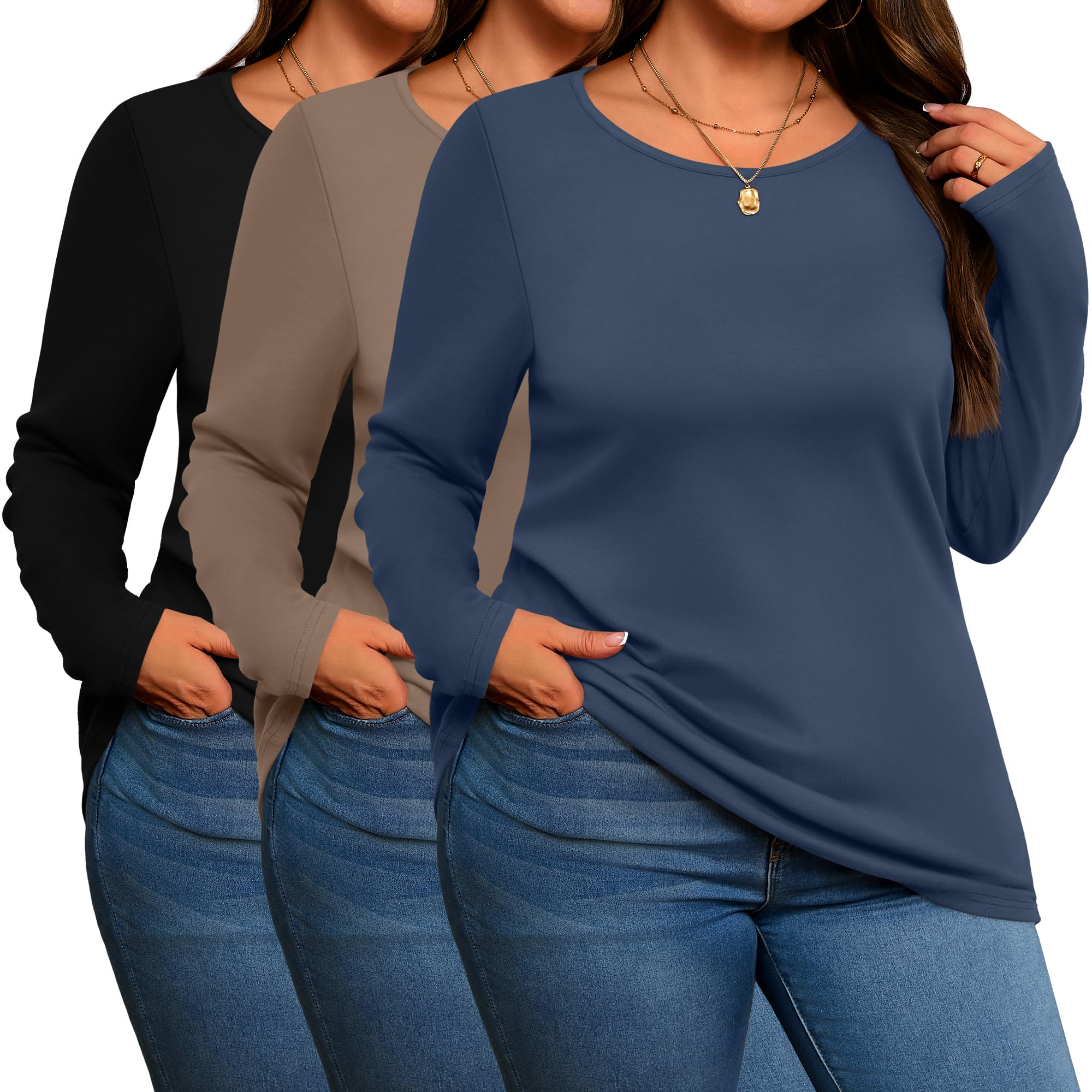 Evervibe 3 Pack Women's Plus Size Cotton Shirts Long Sleeve Tops