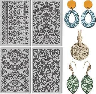 CONCHLERY 4 Pcs Retro Victorian Textures Pattern Polymer Clay Texture Sheet Ornamental Rubber Clay Texture Mat for Polymer Clays Making Earrings Jewelry DIY Crafts, 4 × 2.5 Inch