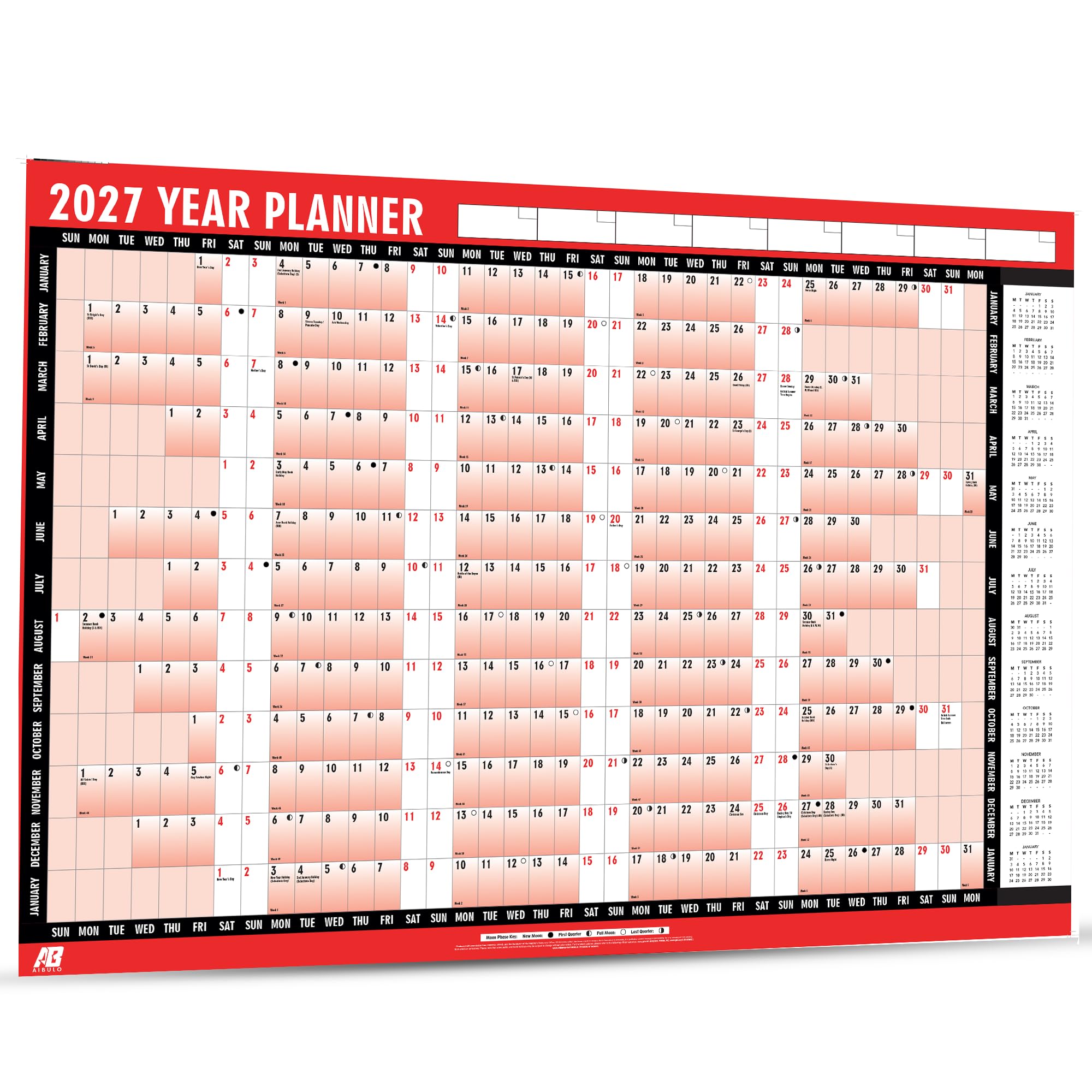 AIBULO 2027 Year Planner – Large A1 85 x 58cm Laminated 2027 Wall Planner with 2