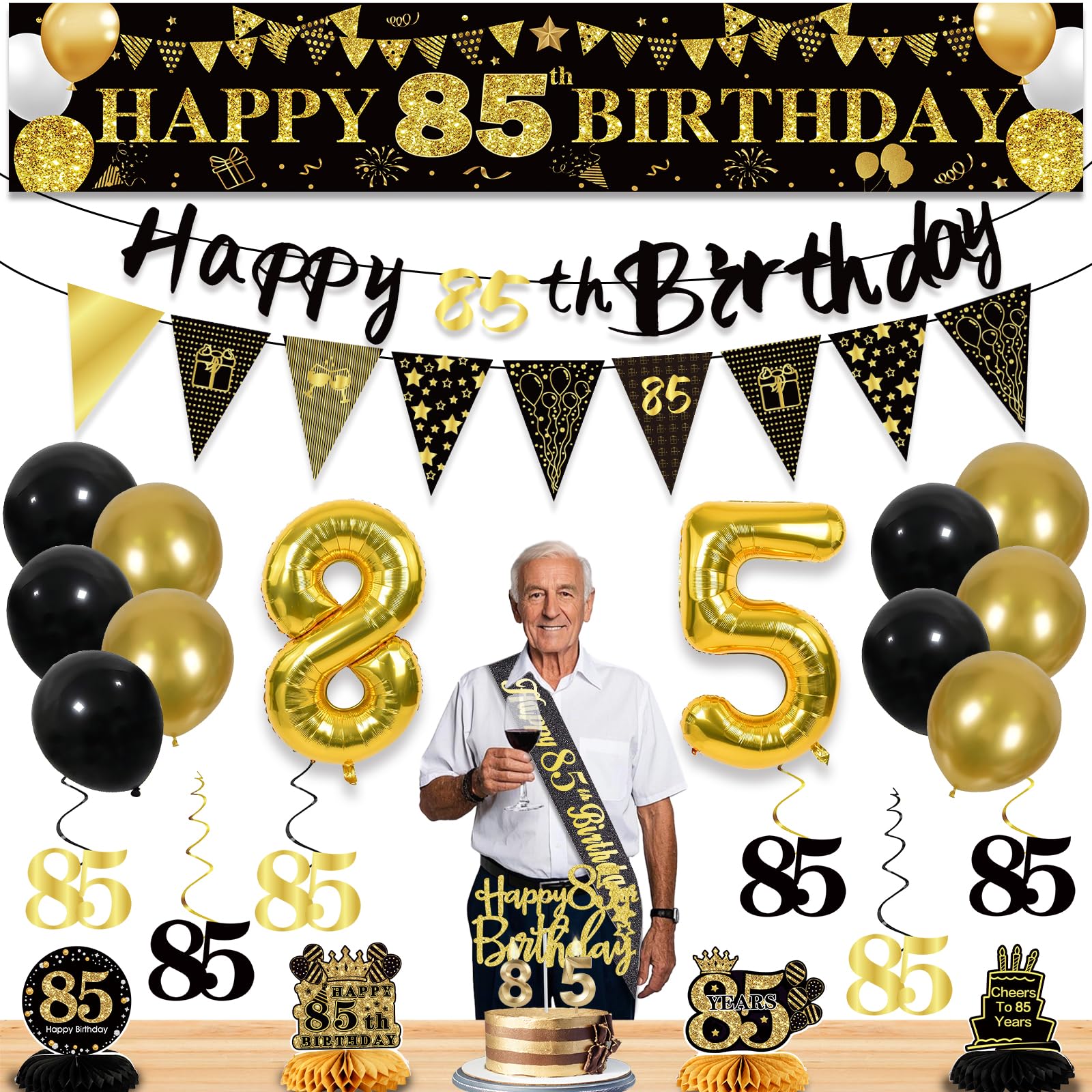 85th Birthday Decorations for Men, Black Gold 85th Party Decoration Kits