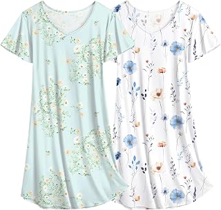 Ekouaer Women's Floral Two Piece Nightgown Short Sleeve Nightwear Summer