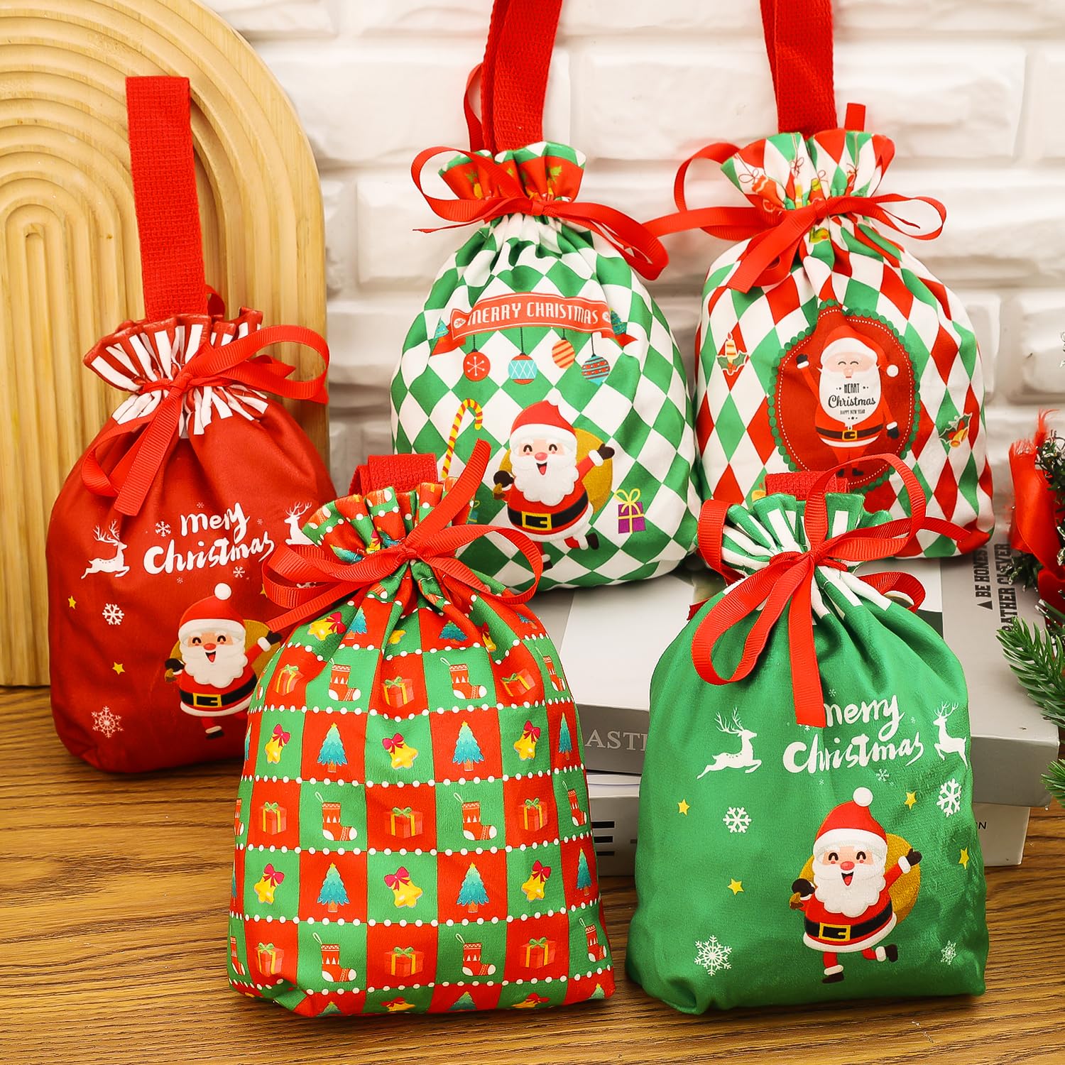 2026 Christmas Velvet Drawstring Bag Cute Christmas Candy Cookies Pattern Christ