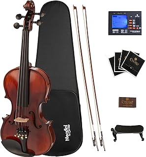 Mendini By Cecilio 4/4 Violin For Beginners, Black Solid Wood - Flamed Acoustic Violins Set with Case, Tuner, Shoulder Rest, Bow, Rosin, Bridge & Strings