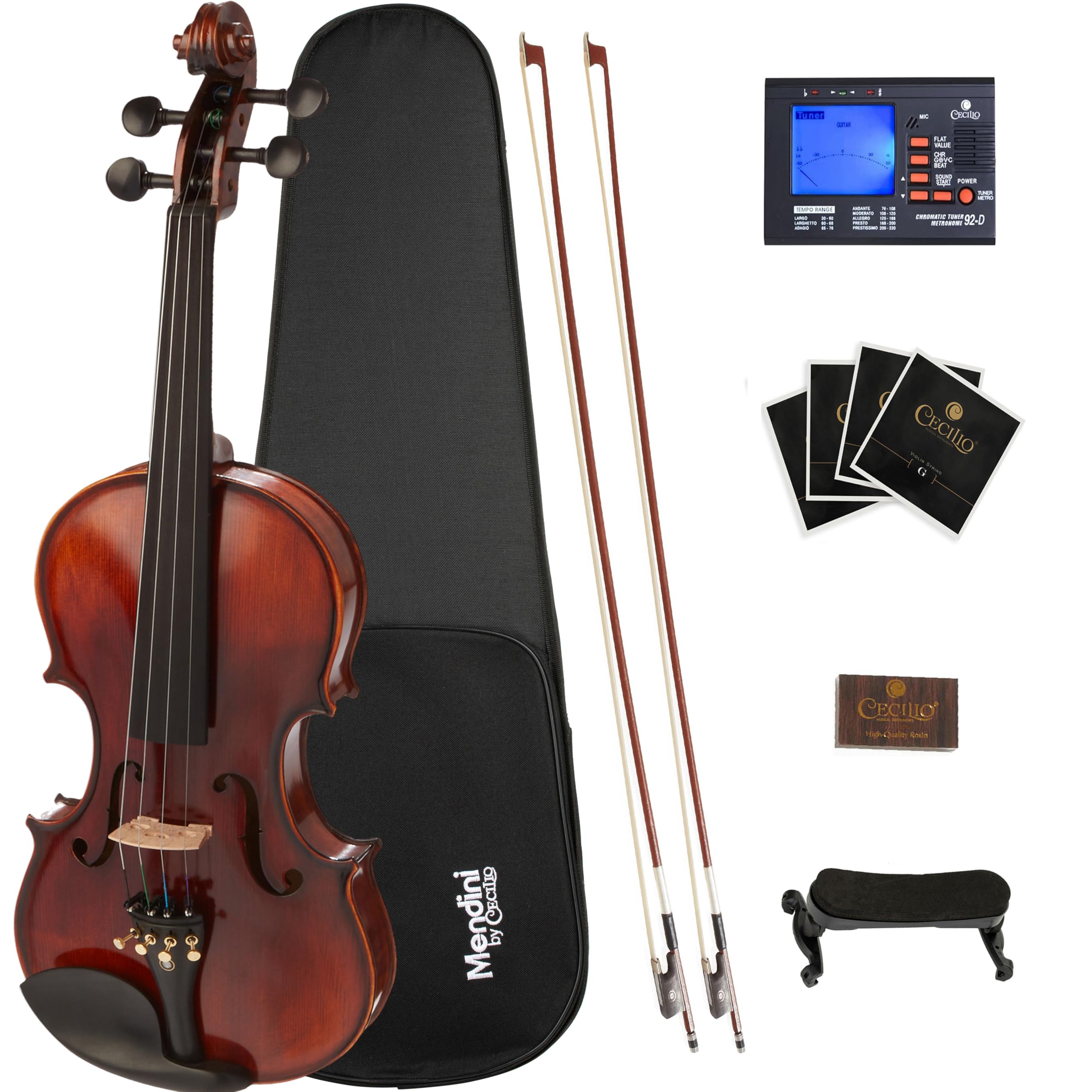 Mendini By Cecilio 4/4 Violin For Beginners, Black Solid Wood - Flamed Acoustic 