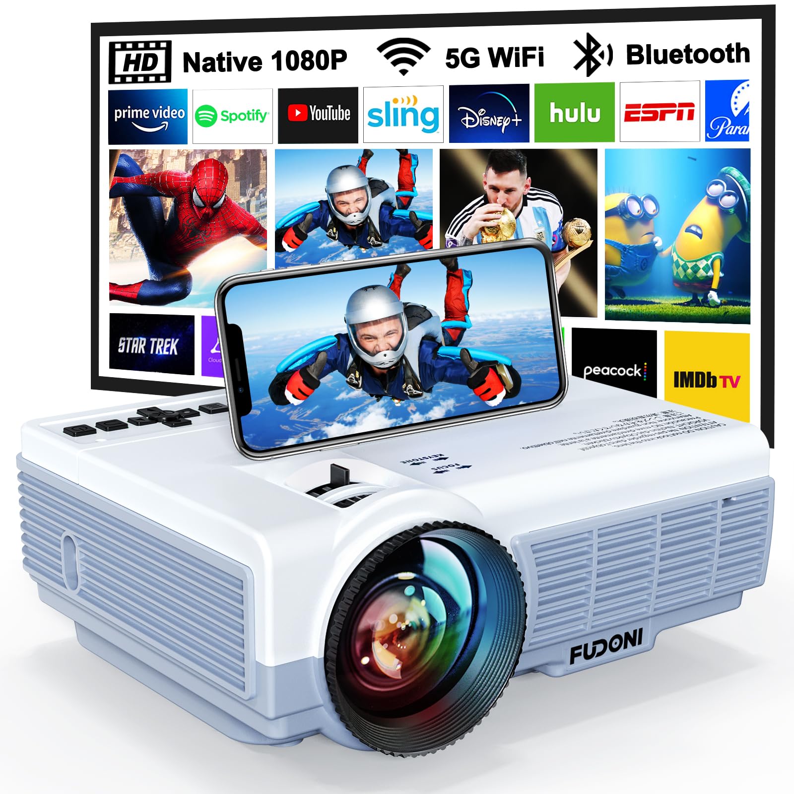 FUDONI Projector with 5G WiFi & Bluetooth, Native 1080P 18000L Portable | Compac