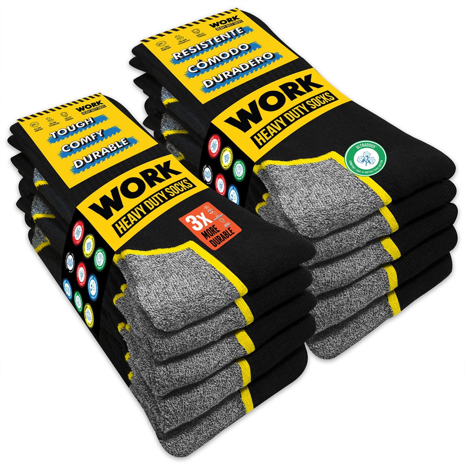 SOXCO 10 Pairs Men’s Work Socks, Black Crew Length | DRI-WIK Moisture Management