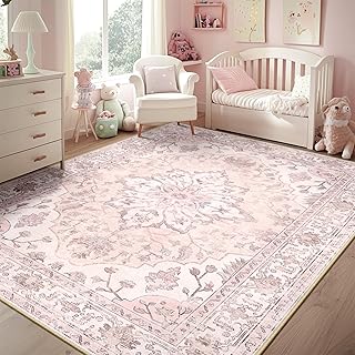 RELEANY Area Rugs 5x7 Floral Washable Rug Carpet, Pink Grey Pink | Boho Farmhouse, Low Pile Non Slip, Soft Print, Home Decor, Indoor for Living Room Bedroom Kitchen Hallway Dining Room Office