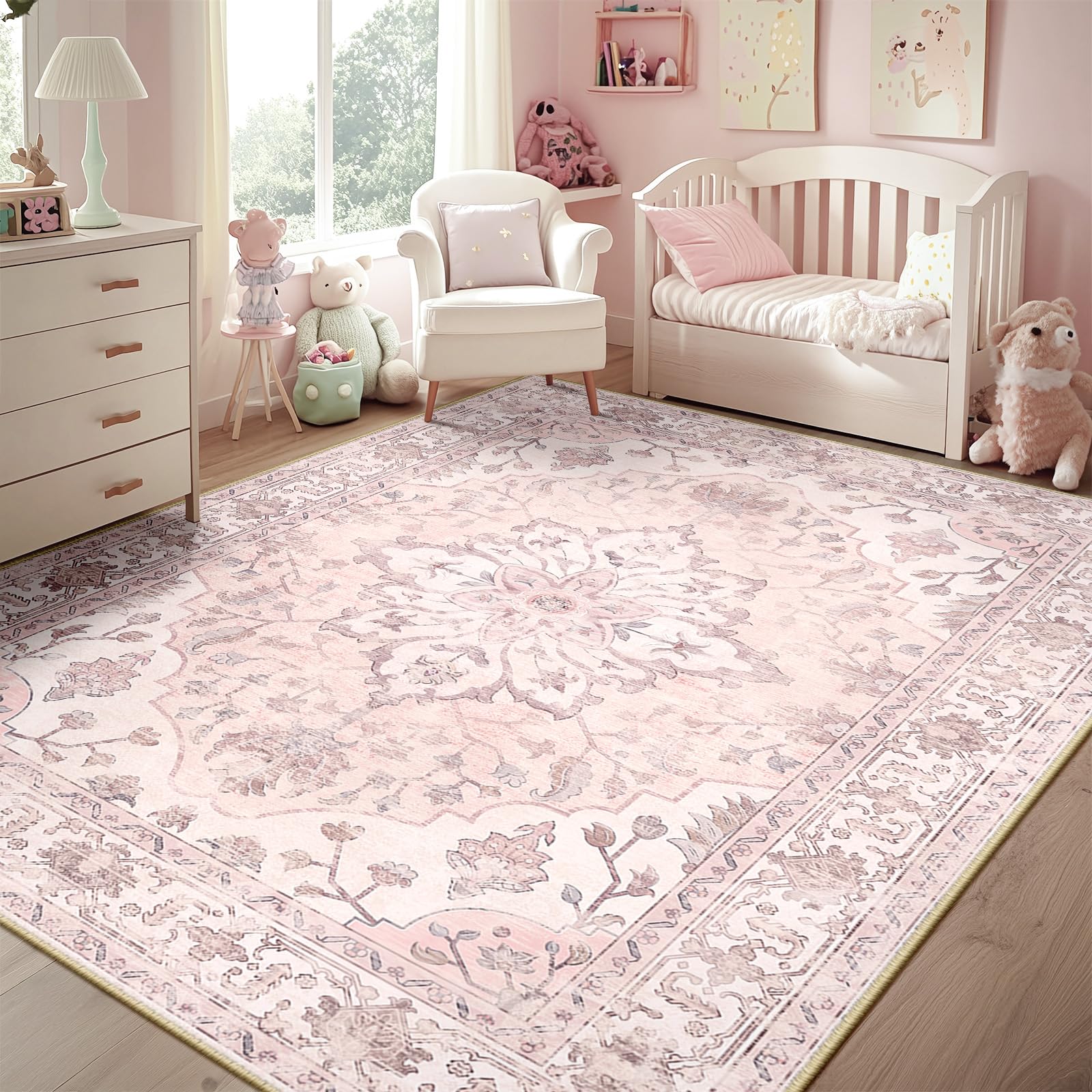 RELEANY Area Rugs 5x7 Floral Washable Rug Carpet, Pink Grey Pink | Boho Farmhous