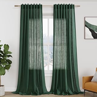 Green Linen Curtains 120 Inch Extra Long for Living Room with Tab Back, Light Filtration, Semi-Transparent, Dark Green Drapes, Modern Farmhouse Style Christmas Gauze Curtain