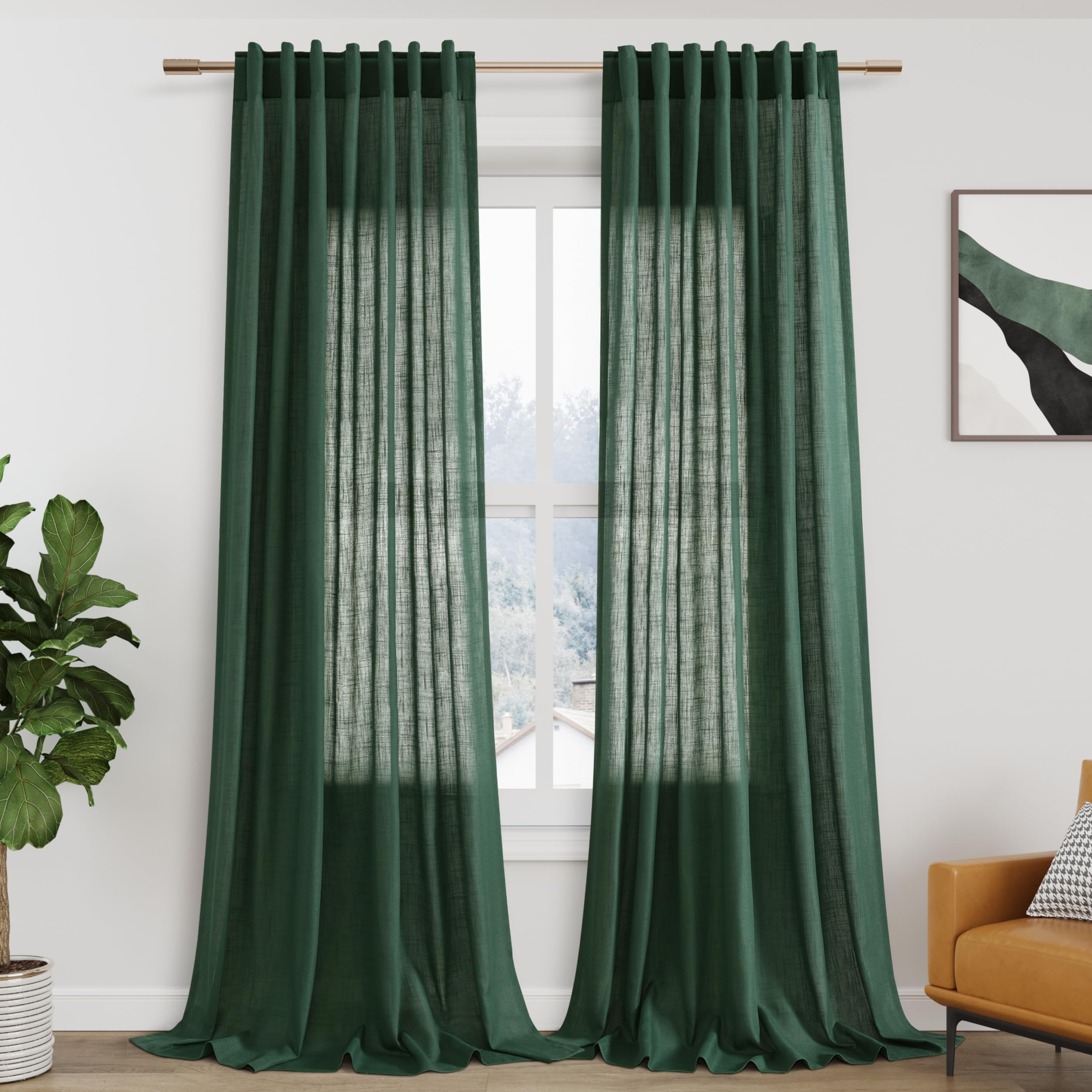 Green Linen Curtains 120 Inch Extra Long for Living Room with Tab Back, Light Fi