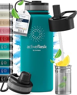 Active Flask Thermal Water Bottle + Straw (3 Stoppers) BPA-Free – 1L & 500 ml | Stainless Steel Thermos Flask + Vacuum Insulation | Insulated Bicycle Sports Bottle Hot Cold Coffee Tea