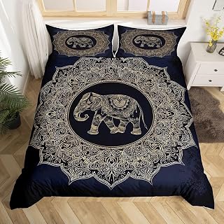Feelyou Bohemian Boho Elephant Duvet Cover Set Full Size Mandala Bedding Set Black Golden Comforter Cover with Pillow Shams Kids Teens Adults Quilt Cover Set 3 Pcs Floral Print