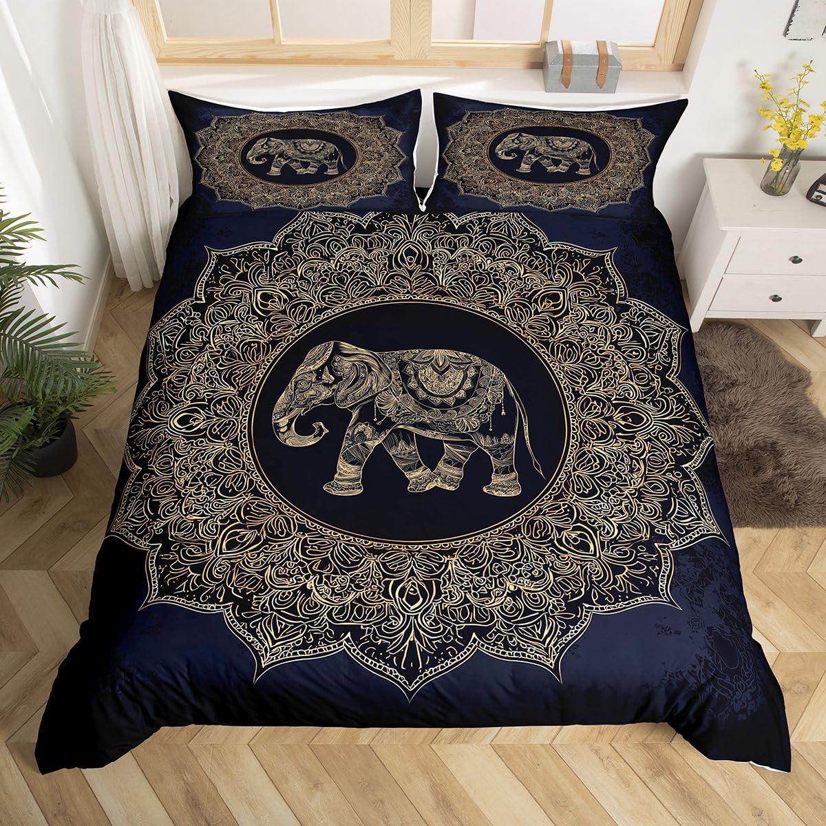 Feelyou Bohemian Boho Elephant Duvet Cover Set Full Size Mandala Bedding Set Bla