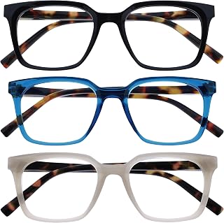 OPULIZE KOI Reading Glasses, Pack of 3 - Large Rectangular Frame - Black-Blue-Grey - Men and Women - Spring Hinges - RRR50-137 - +1.50