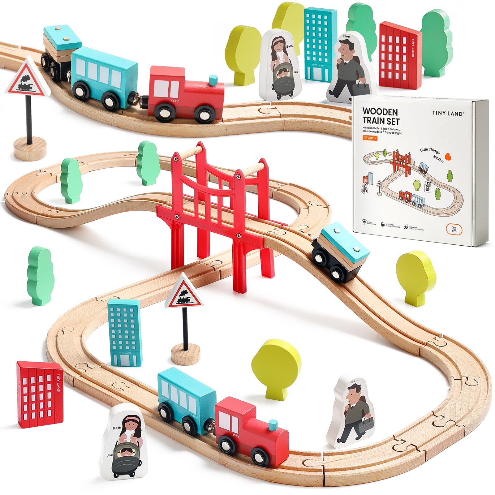 Tiny Land 39 Pcs Wooden Train Set for Toddler Ages3+ with Wooden Tracks | Compat