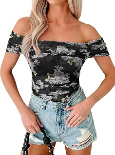 Glamaker Women Off The Shoulder Mesh Tops 2026 Summer Floral Sheer Short Sleeve Ruched Fitted Going Out Y2k Shirts Blouses
