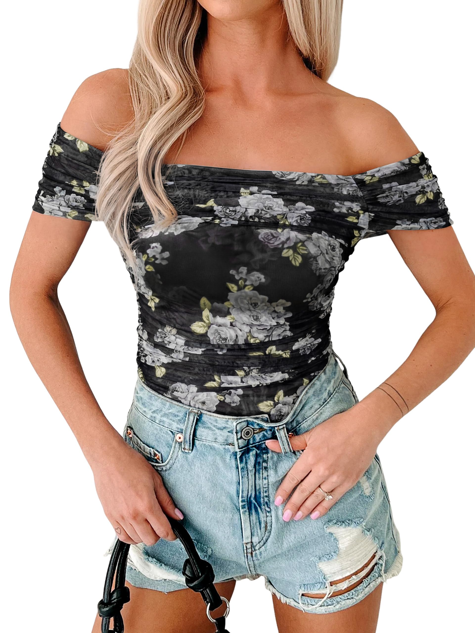 Glamaker Women Off The Shoulder Mesh Tops 2026 Summer Floral Sheer Short Sleeve 