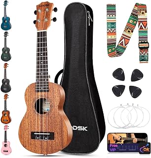 AODSK 23 Inch Concert Ukulele for Beginners, Black Sapele Uke with Gig Bag, Strap, Strings & Picks (Vintage Natural, Soprano)