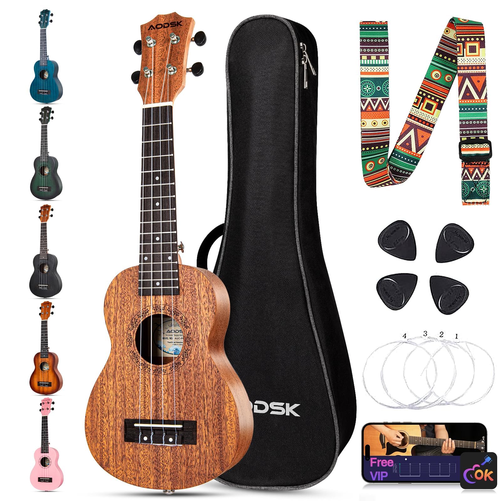 AODSK 23 Inch Concert Ukulele for Beginners, Black Sapele Uke with Gig Bag, Stra