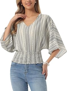Allegra K Boho Top for Women's Chiffon Smocked Batwing Dolman Sleeve Blouse