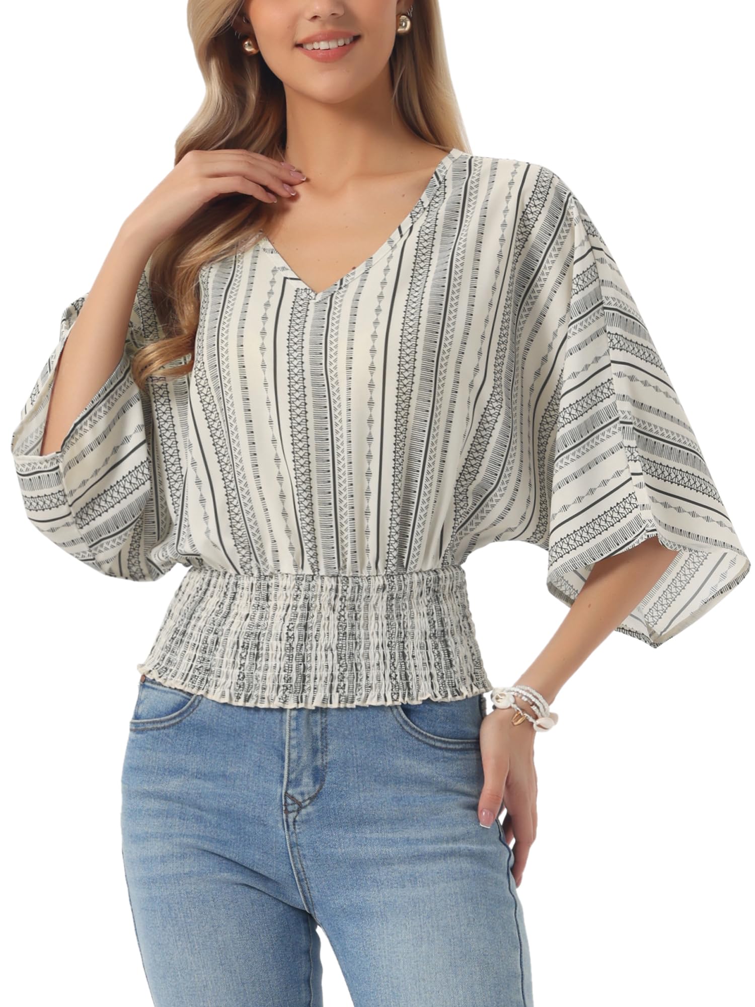 Allegra K Boho Top for Women's Chiffon Smocked Batwing Dolman Sleeve Blouse