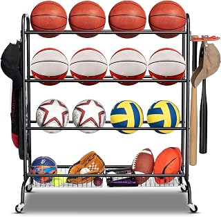EXTCCT Basketball Rack with Wheels, 4 Tier Garage Ball Storage Organizer | Heavy duty rolling balls cart with two basket storage, ball holder, Sports equipment organized for outdoor, indoor, Black