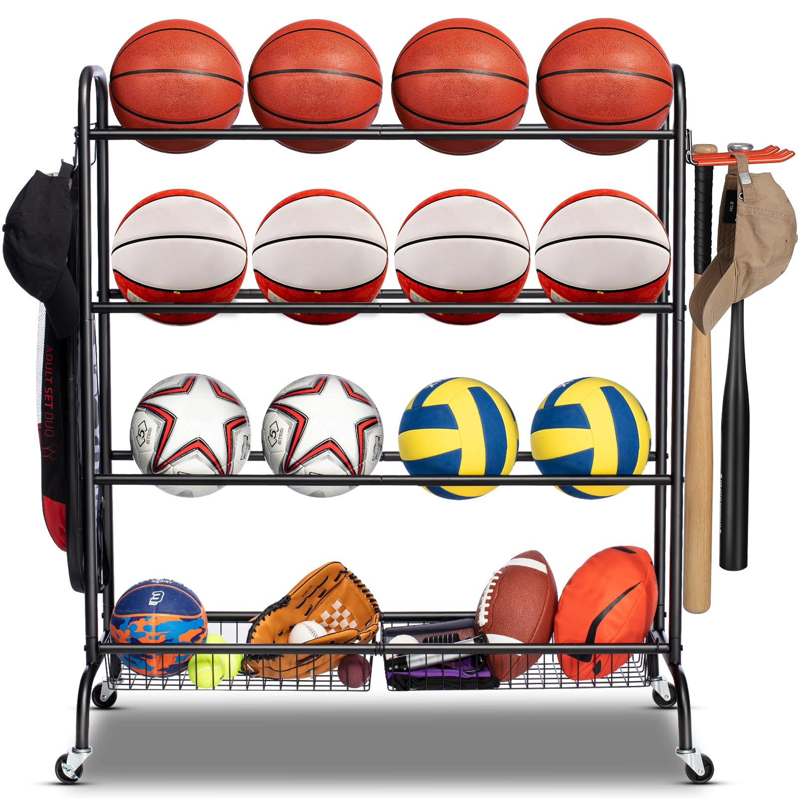 EXTCCT Basketball Rack with Wheels, 4 Tier Garage Ball Storage Organizer | Heavy