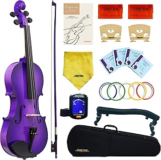 Crafteem 4/4 Full Size Fiddle Purple Colored Premium Violin Outfit for Beginners Adults Kids With 5 Color Fingering Tape- Handcrafted Student Beginner Violin. (Purple, 4/4 Full)