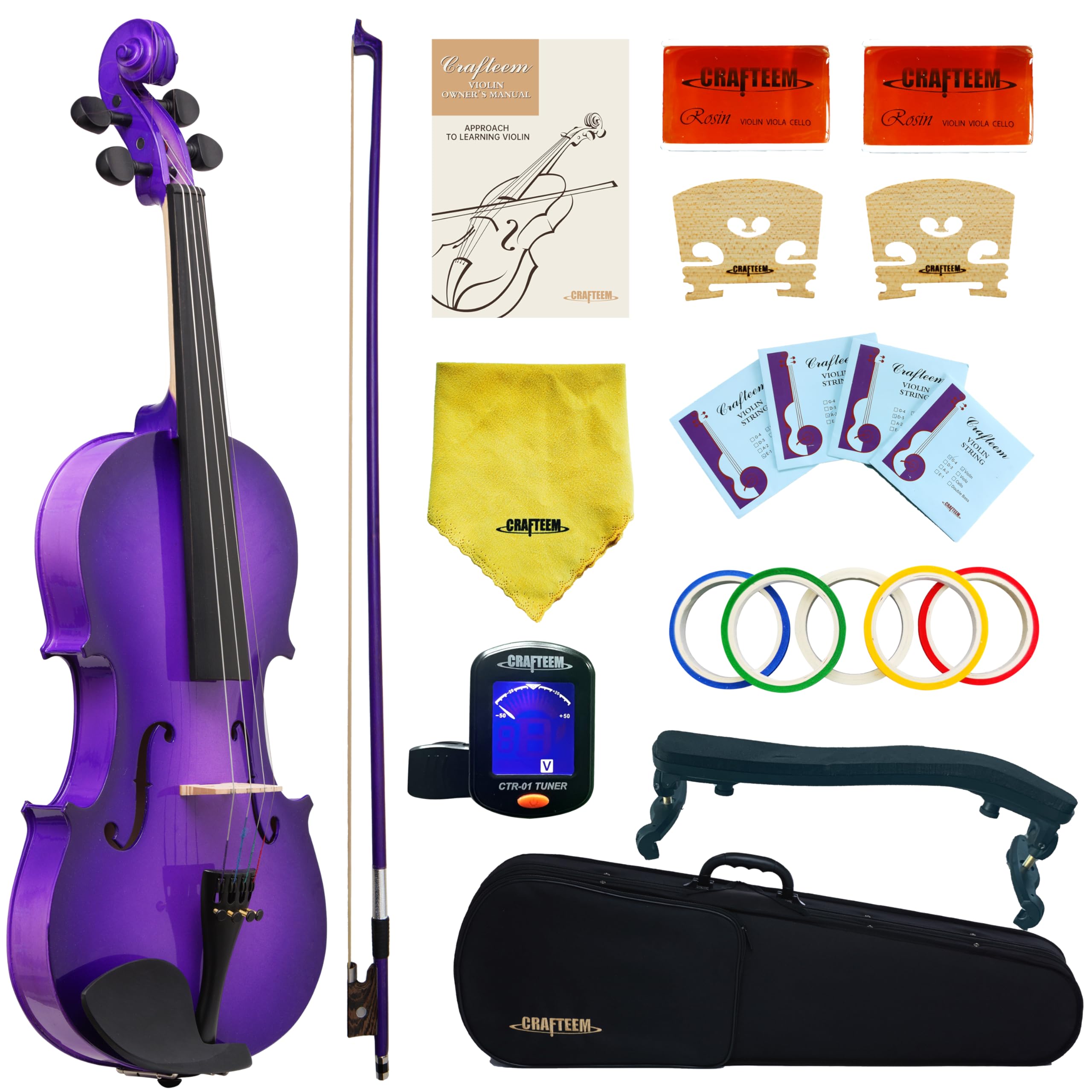 Crafteem 4/4 Full Size Fiddle Purple Colored Premium Violin Outfit for Beginners