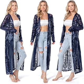 Women's Glitter Sequin Cardigan Long Sleeve Sparkle Duster Evening Party Cover Up Open Front Coat